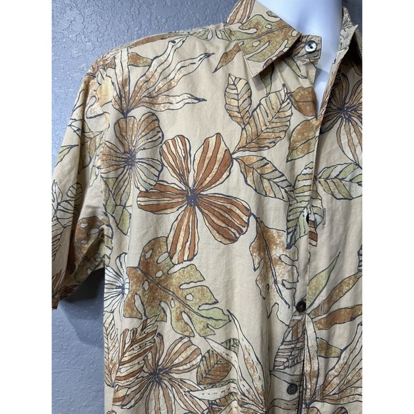 MENS TORI RICHARD‎ HAWAII MADE SHORT SLEEVE BUTTON SHIRT Tan TROPICAL LEAVES M - Picture 2 of 7